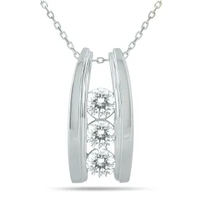 1 Carat Tw Bar Set Three Stone Diamond Pendant In 14K White Gold