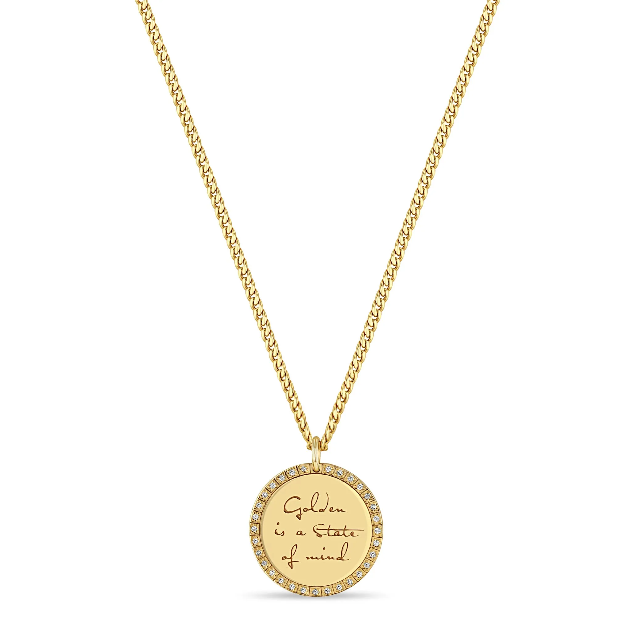 14k Medium Mantra with Diamond Border Small Curb Chain Necklace