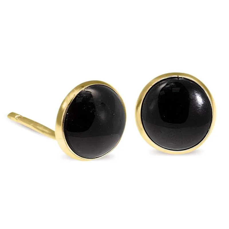 14K Yellow Gold Round Black Onyx 12mm Stud Earrings