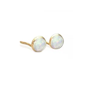 14K Yellow Gold Round White Opal 4mm Stud Earrings