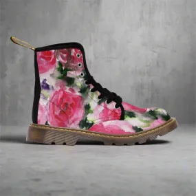 Abstract Pink Floral Women's Boots, Best Luxury Flower Rose Print Designer Hiking Boots For Women (US Size 6.5-11)