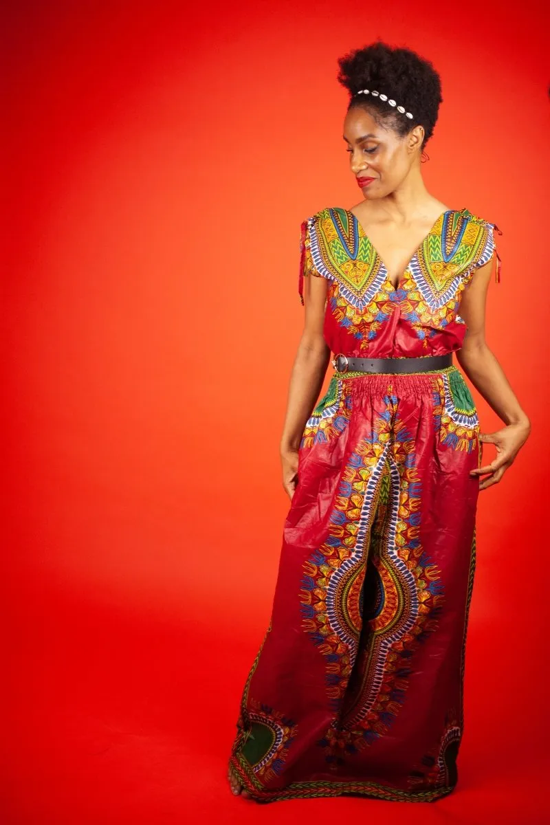 African Maxi Dress In Red Dashiki