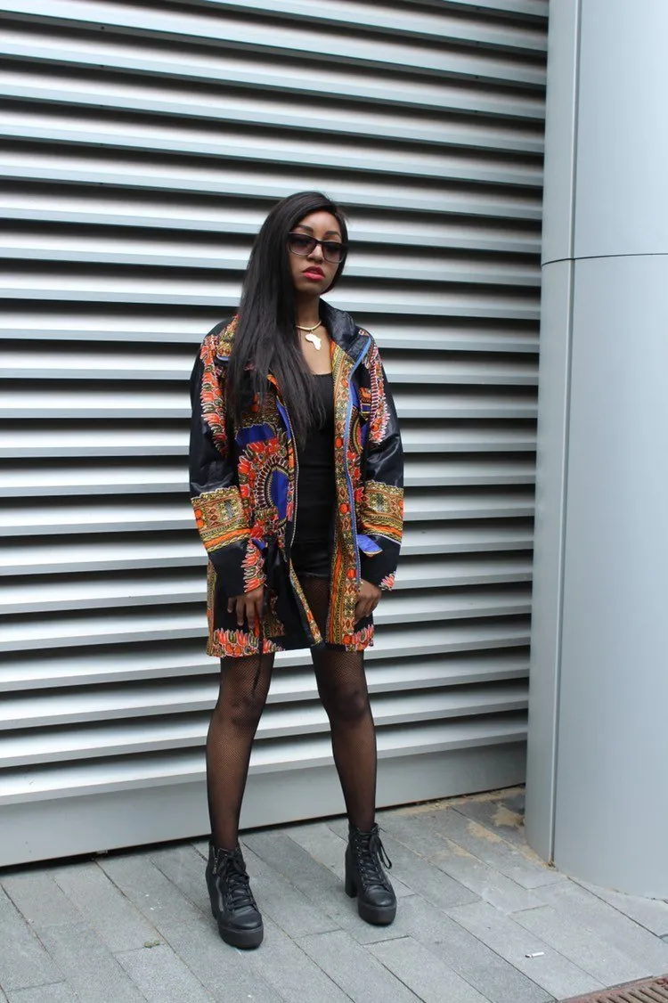 African Peacoat in Black Dashiki Print