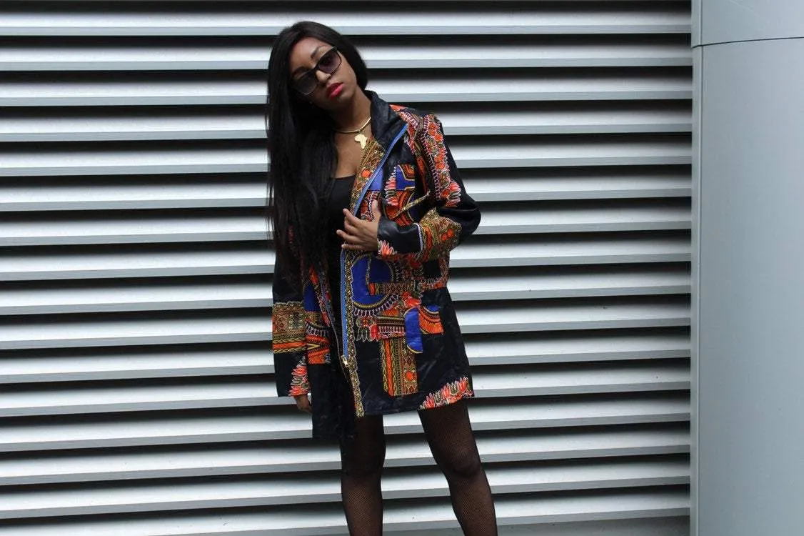 African Peacoat in Black Dashiki Print