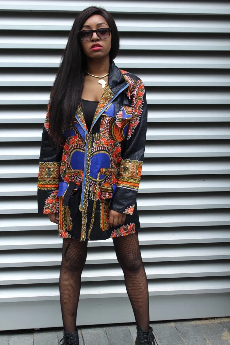 African Peacoat in Black Dashiki Print