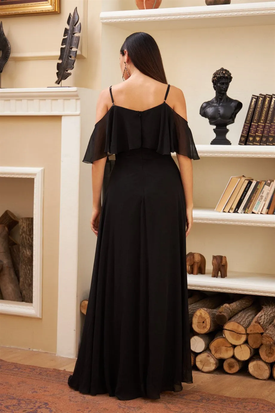 Angelino black low sleeve strap long evening dress dress