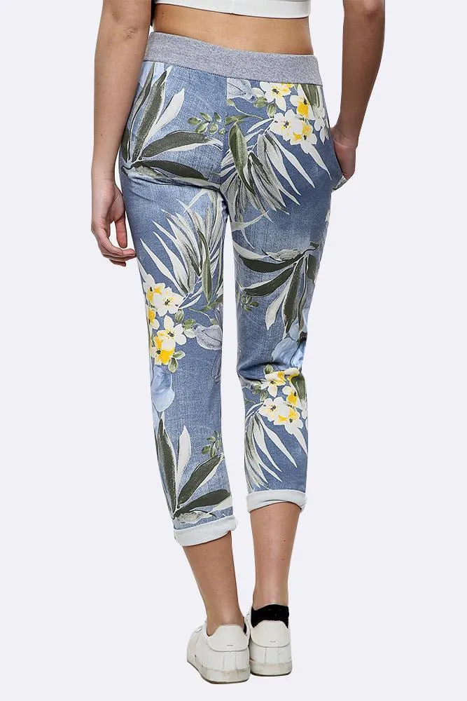 Anne   Kate Italian Tropical Floral Light Denim Print Trousers 14-18