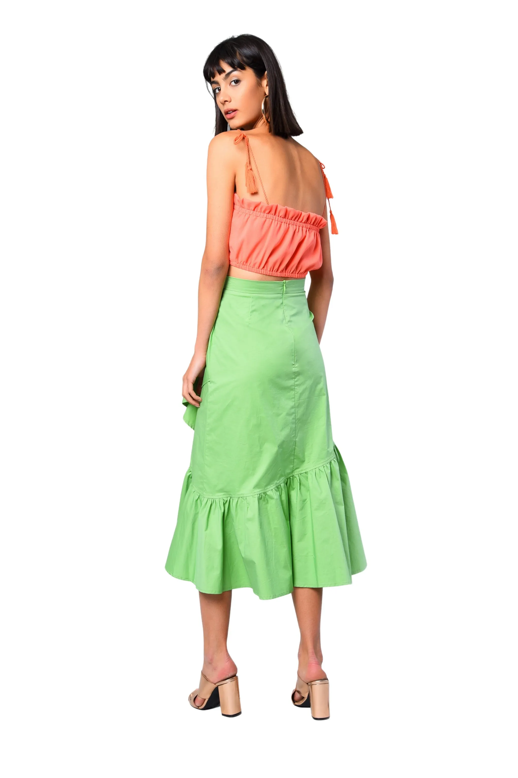 Apple Green Ruffle Detail Midi Skirt