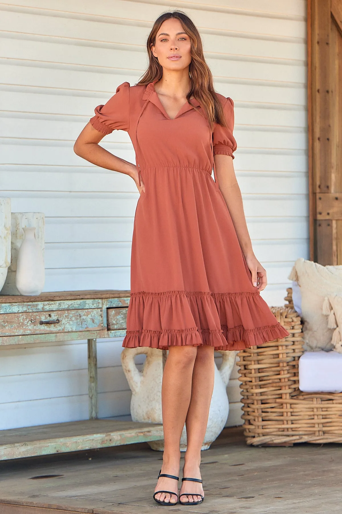 Arden Short Sleeve Rust Satin Midi Dress