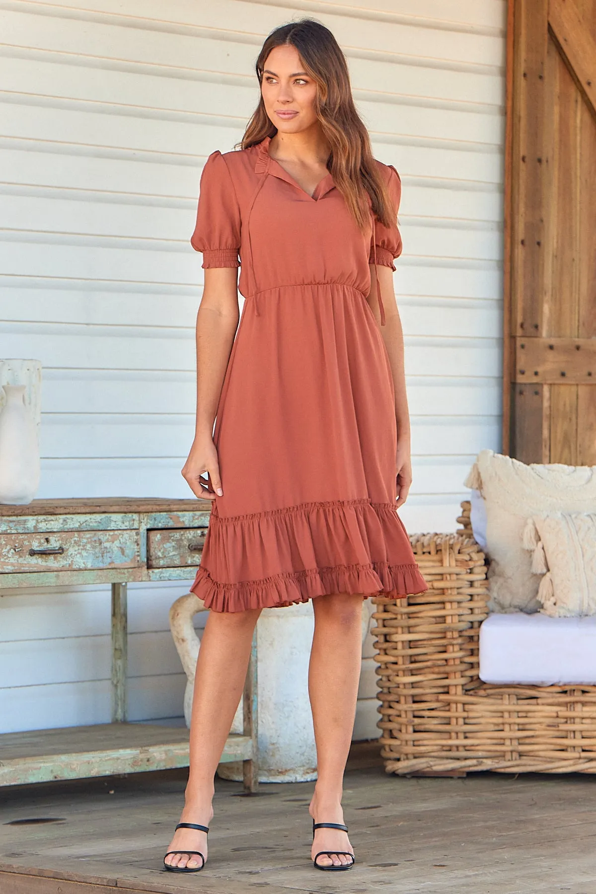 Arden Short Sleeve Rust Satin Midi Dress