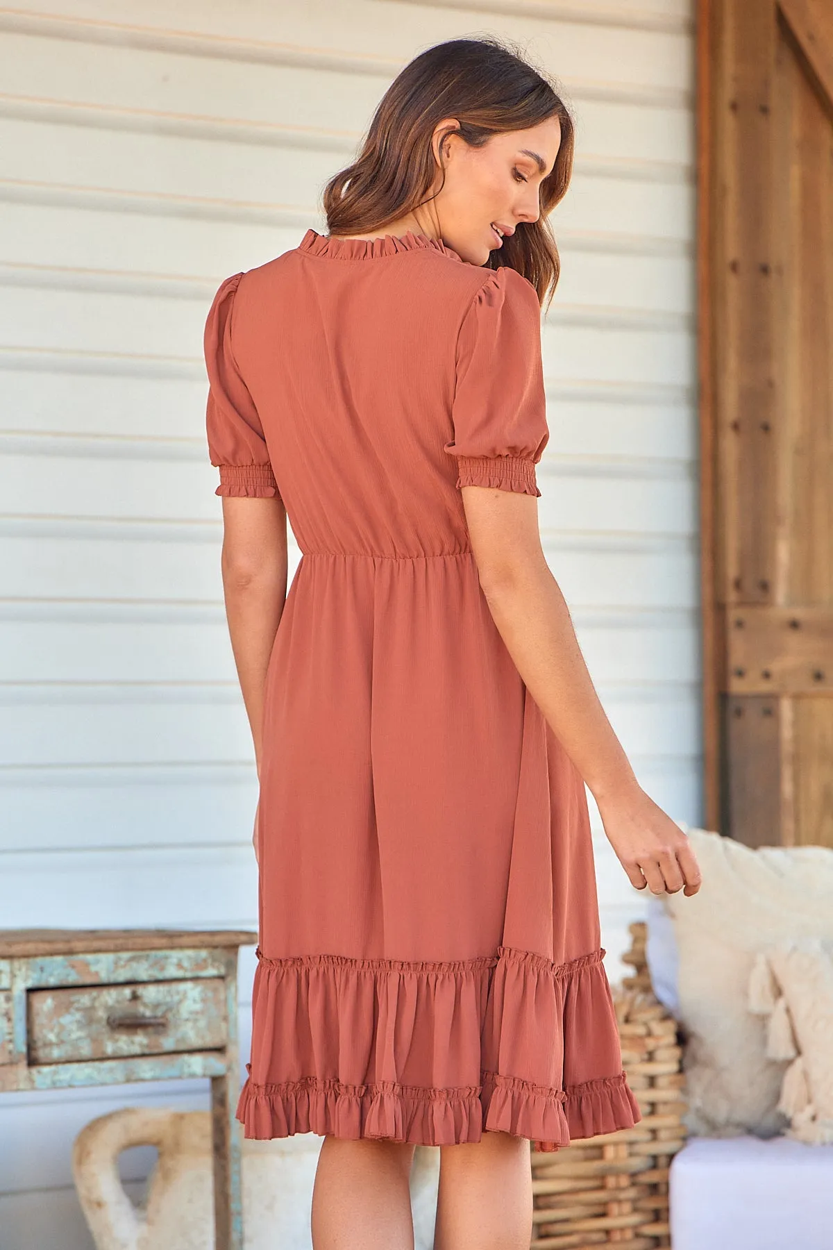 Arden Short Sleeve Rust Satin Midi Dress