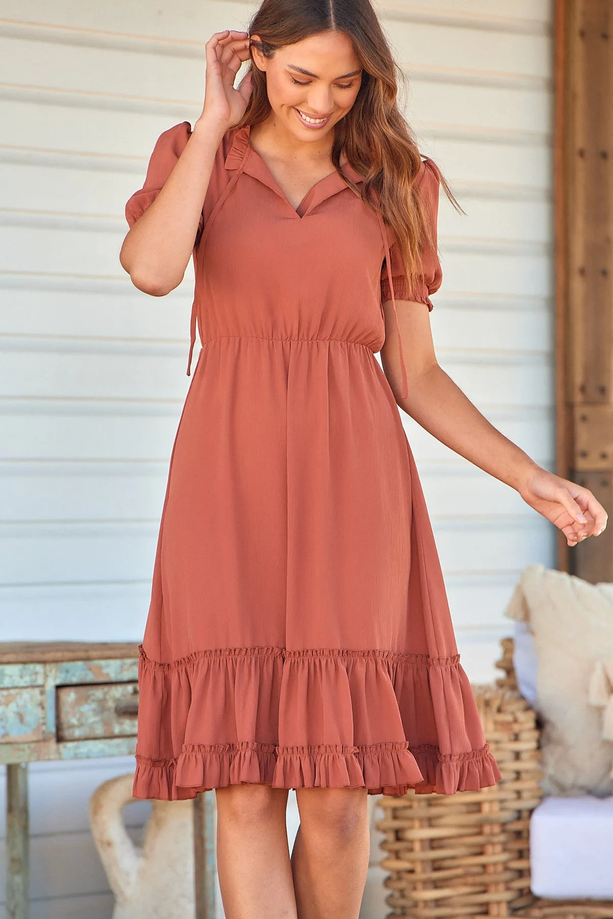 Arden Short Sleeve Rust Satin Midi Dress