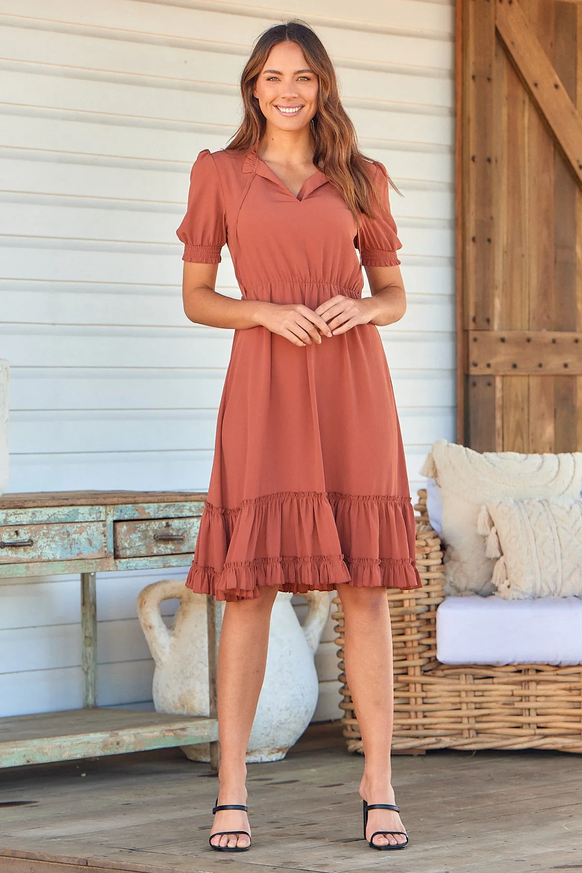 Arden Short Sleeve Rust Satin Midi Dress