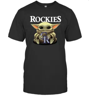 Baby Yoda Hugs Loves The Colorado Rockies Baseball Mens T-Shirt