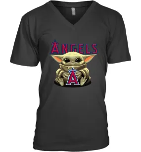 Baby Yoda Hugs Loves The Los Angeles Angels Baseball Mens V-Neck T-Shirt