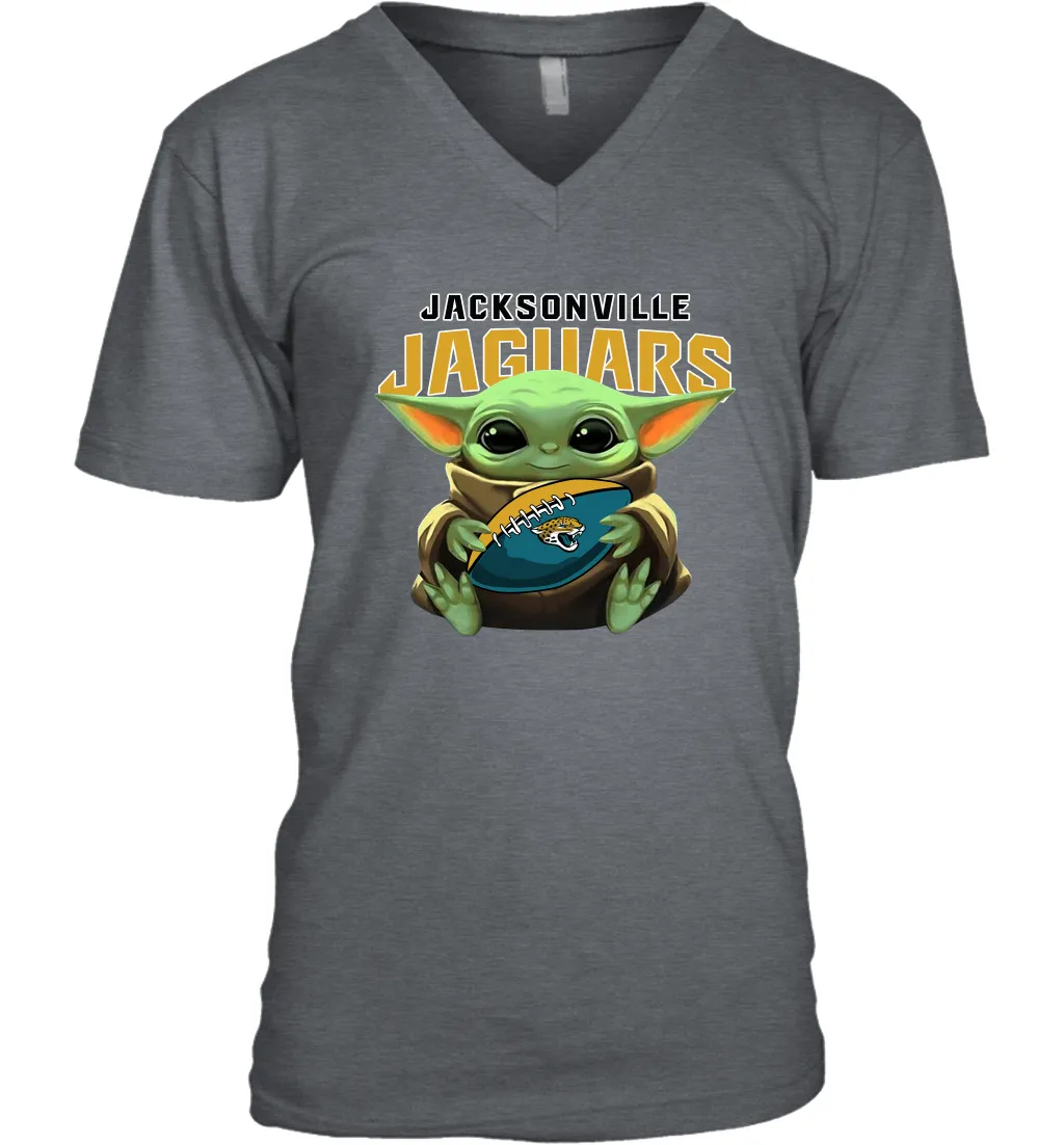 Baby Yoda Loves The Jacksonville Jaguars Star Wars Baby Yoda Hugs Jaguars NFL Mens V-Neck T-Shirt