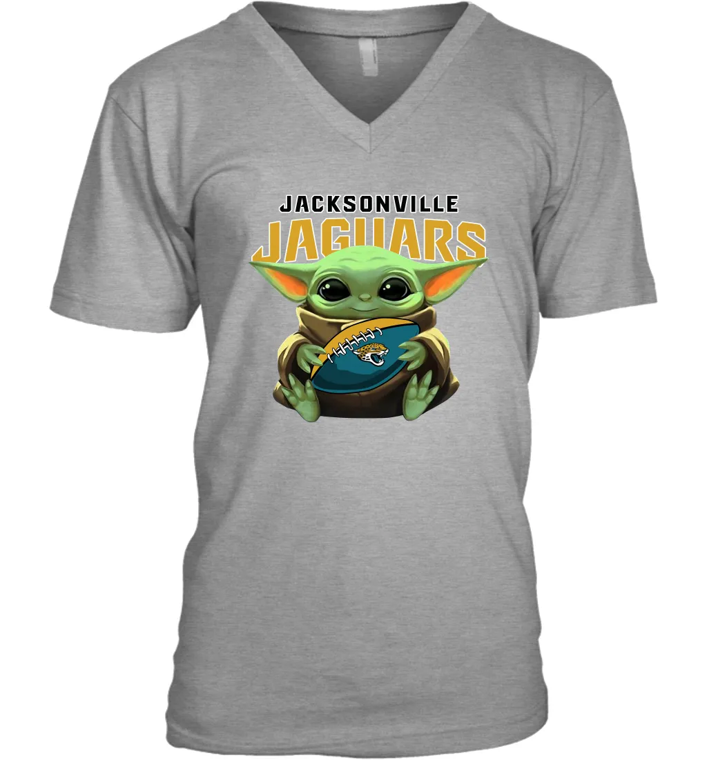 Baby Yoda Loves The Jacksonville Jaguars Star Wars Baby Yoda Hugs Jaguars NFL Mens V-Neck T-Shirt