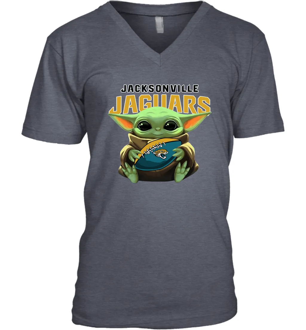 Baby Yoda Loves The Jacksonville Jaguars Star Wars Baby Yoda Hugs Jaguars NFL Mens V-Neck T-Shirt