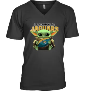 Baby Yoda Loves The Jacksonville Jaguars Star Wars Baby Yoda Hugs Jaguars NFL Mens V-Neck T-Shirt