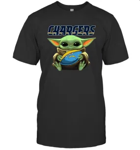 Baby Yoda Loves The Los Angeles Chargers Star Wars Baby Yoda Hugs Chargers NFL Mens T-Shirt