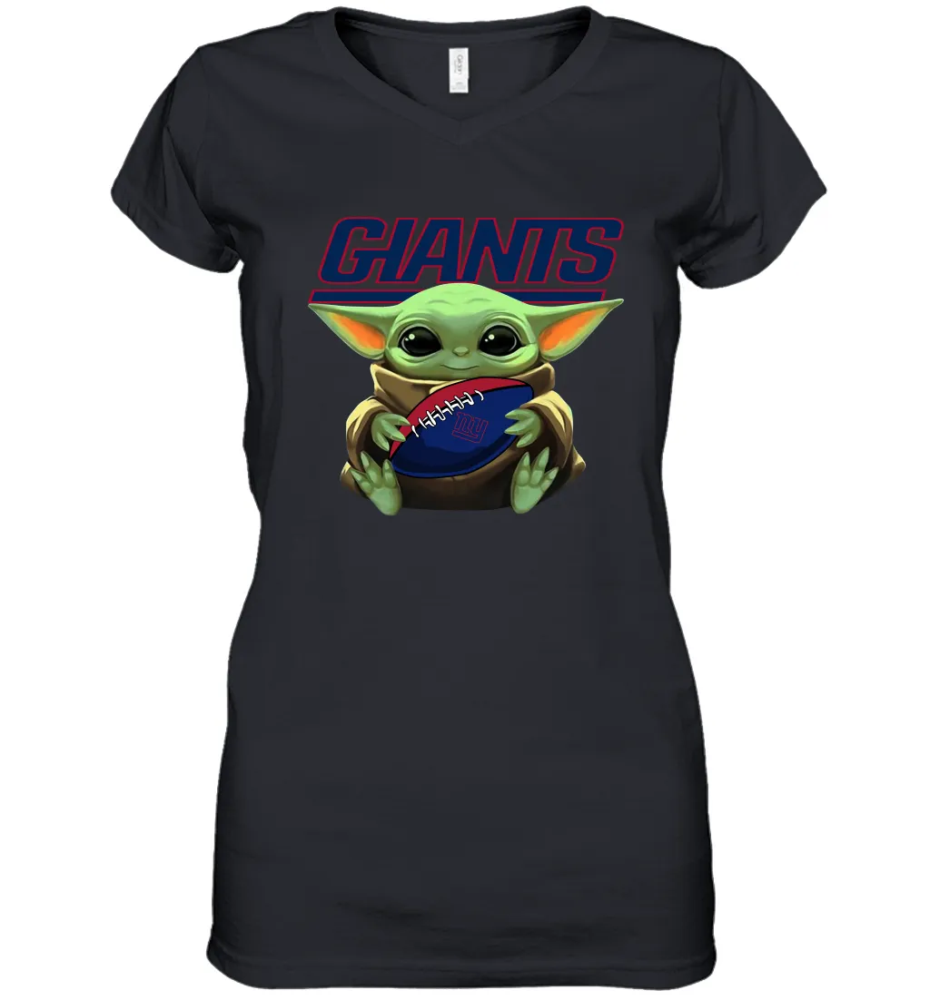 Baby Yoda Loves The New York Giants Star Wars Baby Yoda Hugs Giants NFL Womens V-Neck T-Shirt