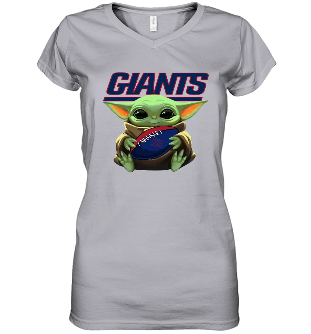 Baby Yoda Loves The New York Giants Star Wars Baby Yoda Hugs Giants NFL Womens V-Neck T-Shirt