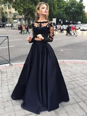 Ball Gown Long Sleeves Bateau Satin Floor-Length Dresses-317436