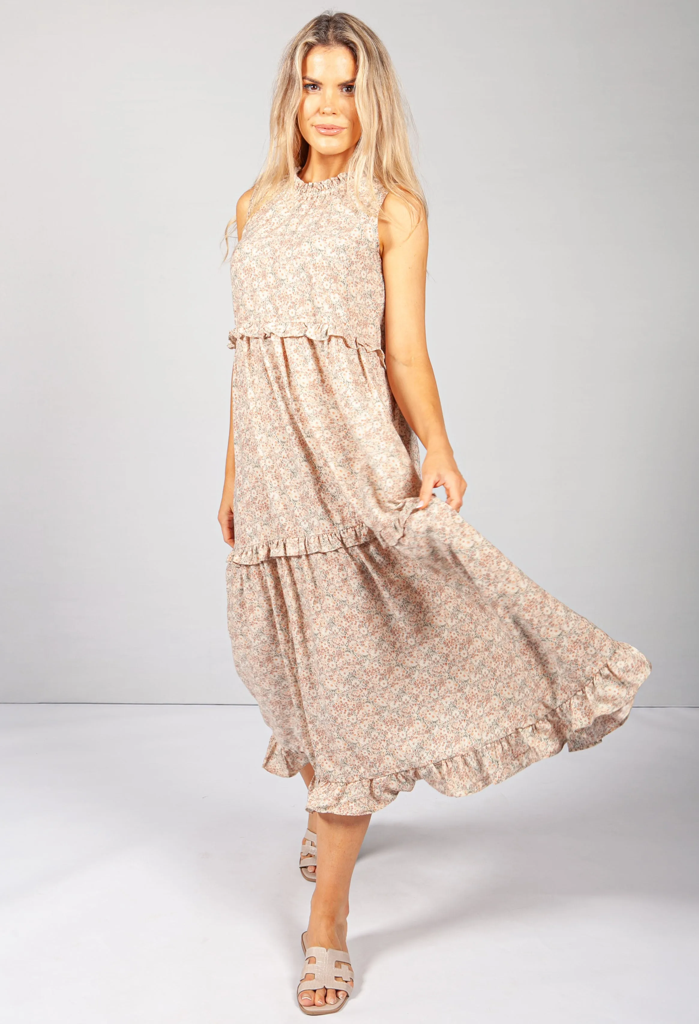 Beige Print Ruffle Tiered Dress