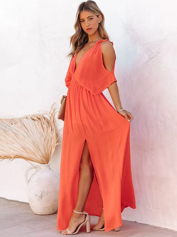 BerriesJam - Backless Deep V Neck Long Dress Side Split Sexy Dress