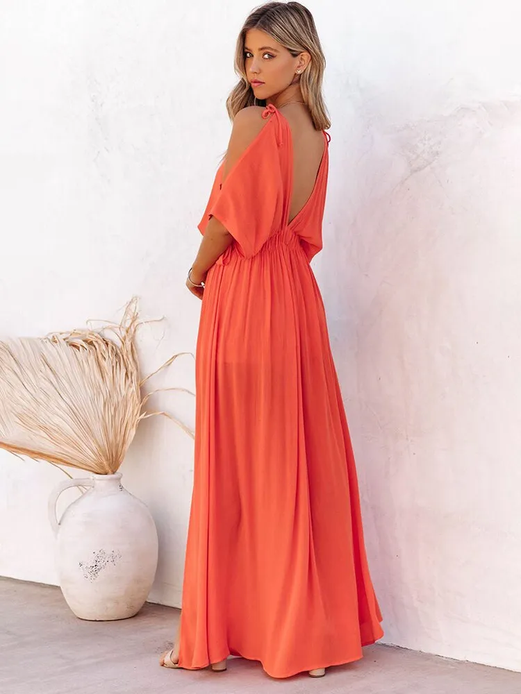 BerriesJam - Backless Deep V Neck Long Dress Side Split Sexy Dress