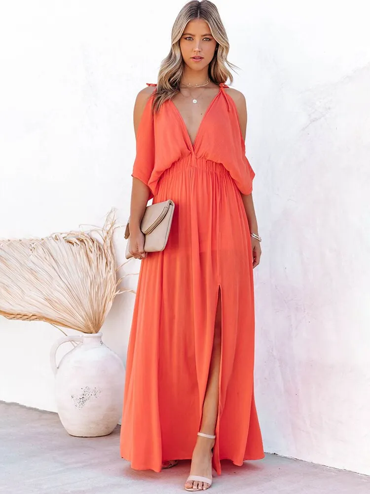 BerriesJam - Backless Deep V Neck Long Dress Side Split Sexy Dress