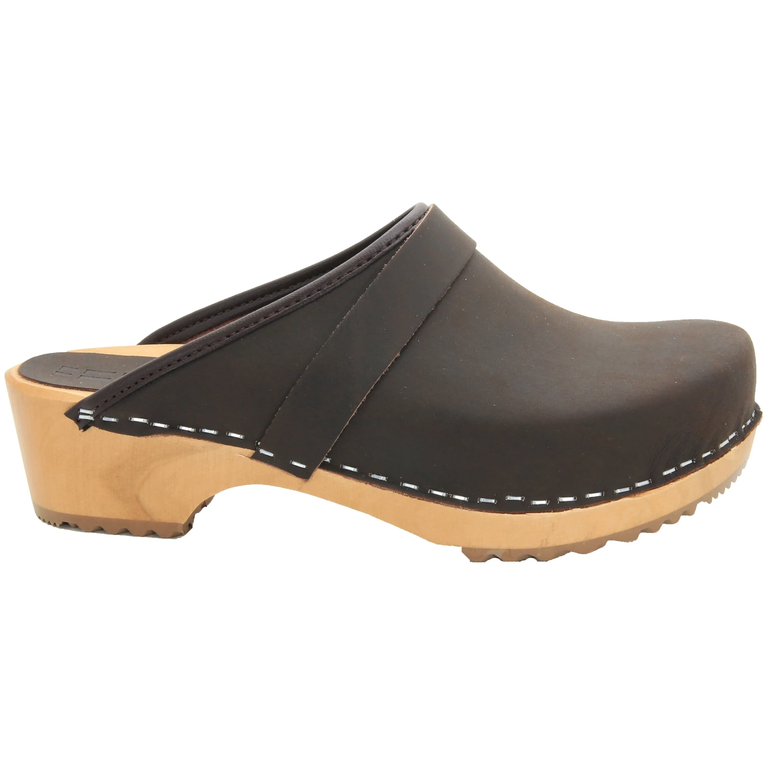 BJORK Maja Wood Open Back Brown Oiled Leather Clogs