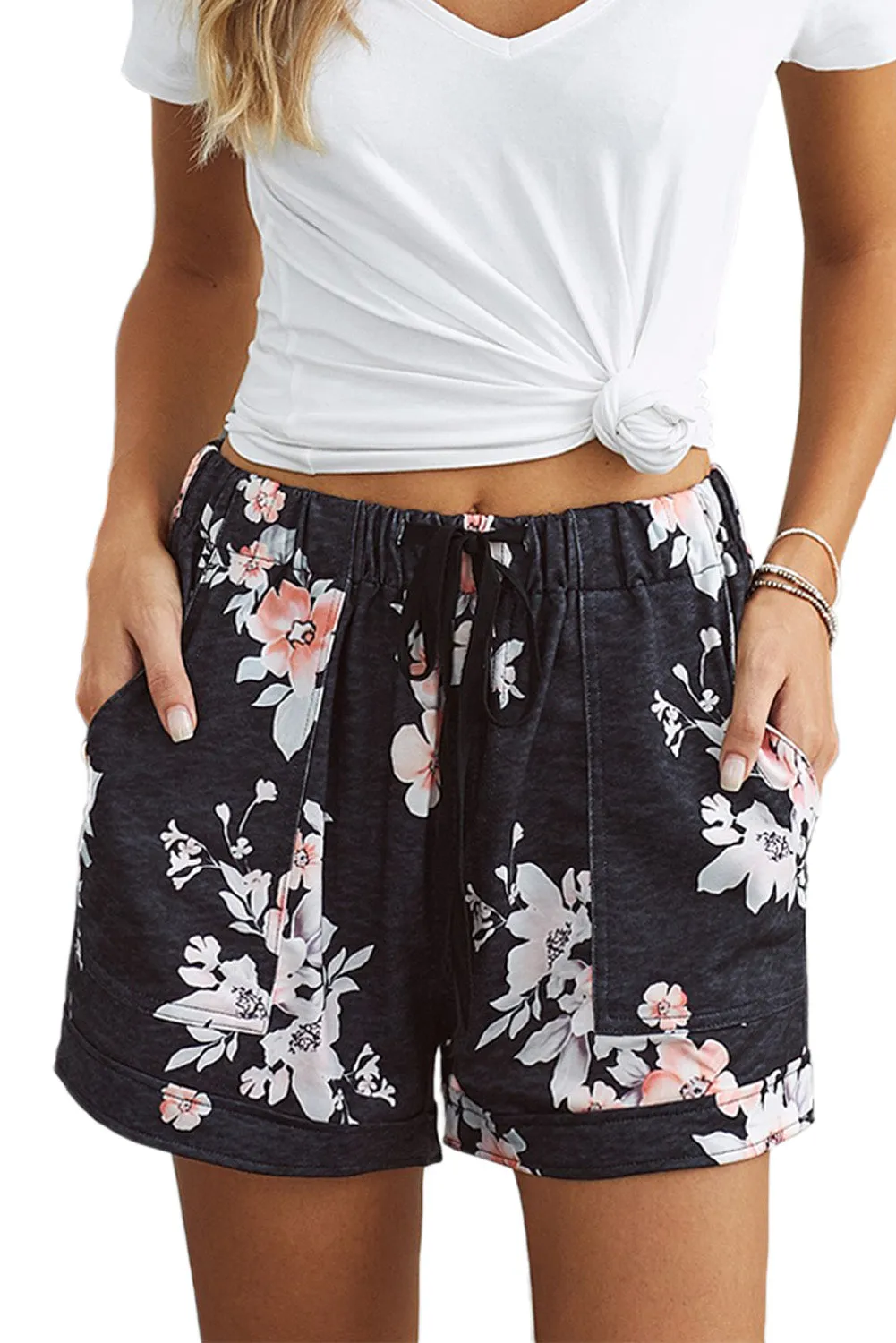 Black Drawstring Floral Print Pocketed Shorts