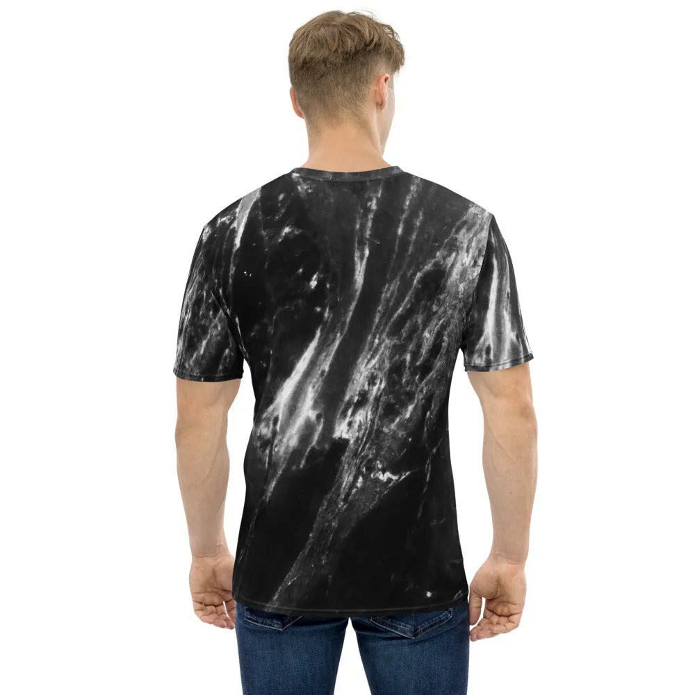 Black Grey Marble Men's T-shirt, Abstract Gray Marbled Print Luxury Tee For Men-Made in USA/EU/MX