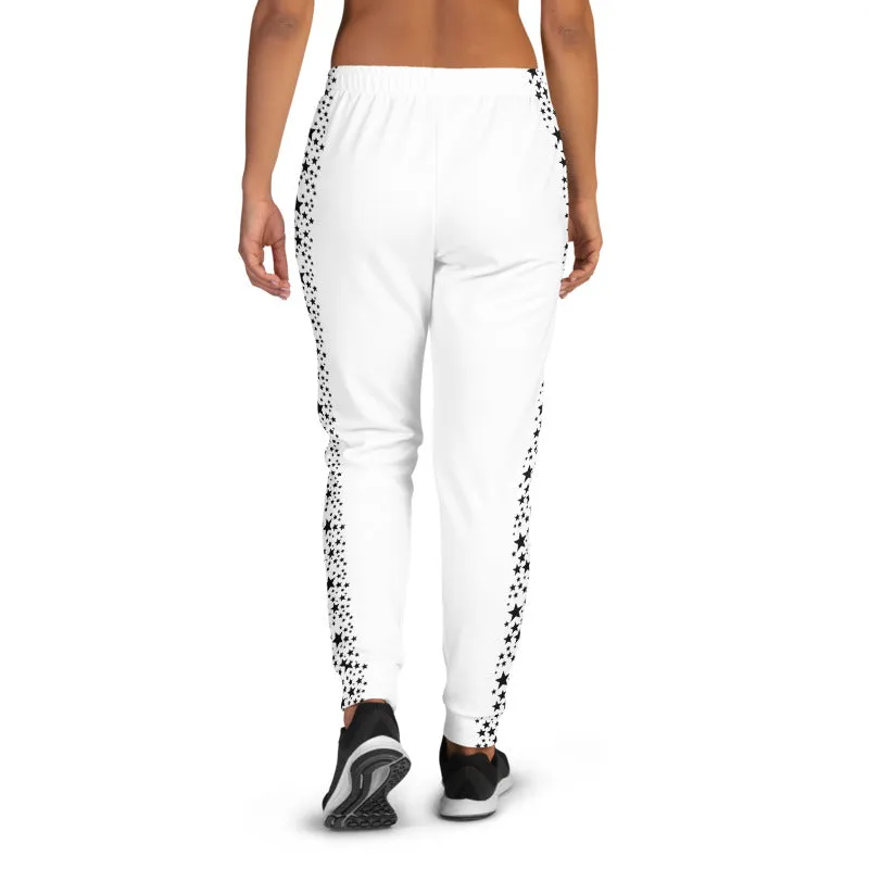 Black Stars Women's Joggers, Black White Ladies Skinny Dressy Sweatpants-Made in EU