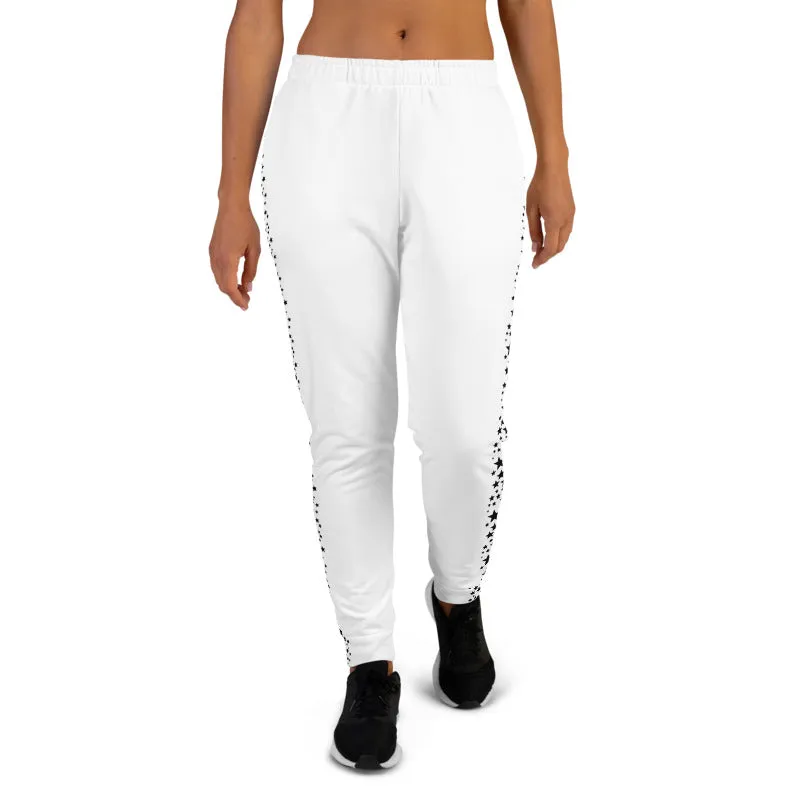 Black Stars Women's Joggers, Black White Ladies Skinny Dressy Sweatpants-Made in EU