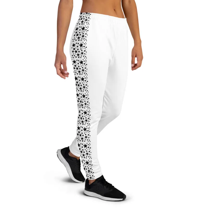 Black Stars Women's Joggers, Black White Ladies Skinny Dressy Sweatpants-Made in EU