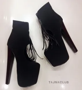 Black Suede Fringe Platform High Heel Boots