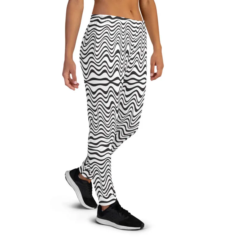 Black Wavy Designer Women's Joggers, White Abstract Ladies' Sweatpants-Made in EU/MX