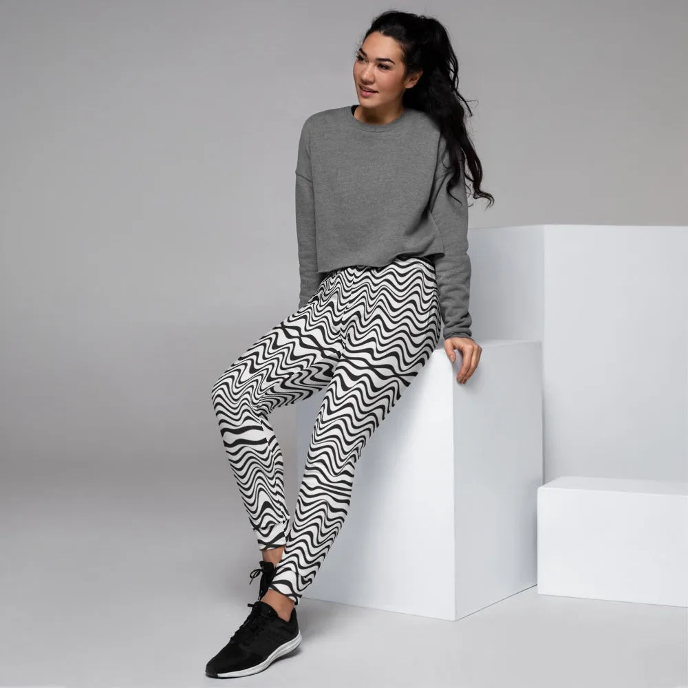 Black Wavy Designer Women's Joggers, White Abstract Ladies' Sweatpants-Made in EU/MX