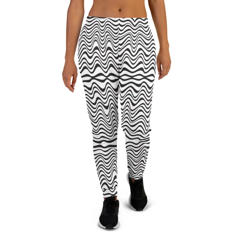 Black Wavy Designer Women's Joggers, White Abstract Ladies' Sweatpants-Made in EU/MX