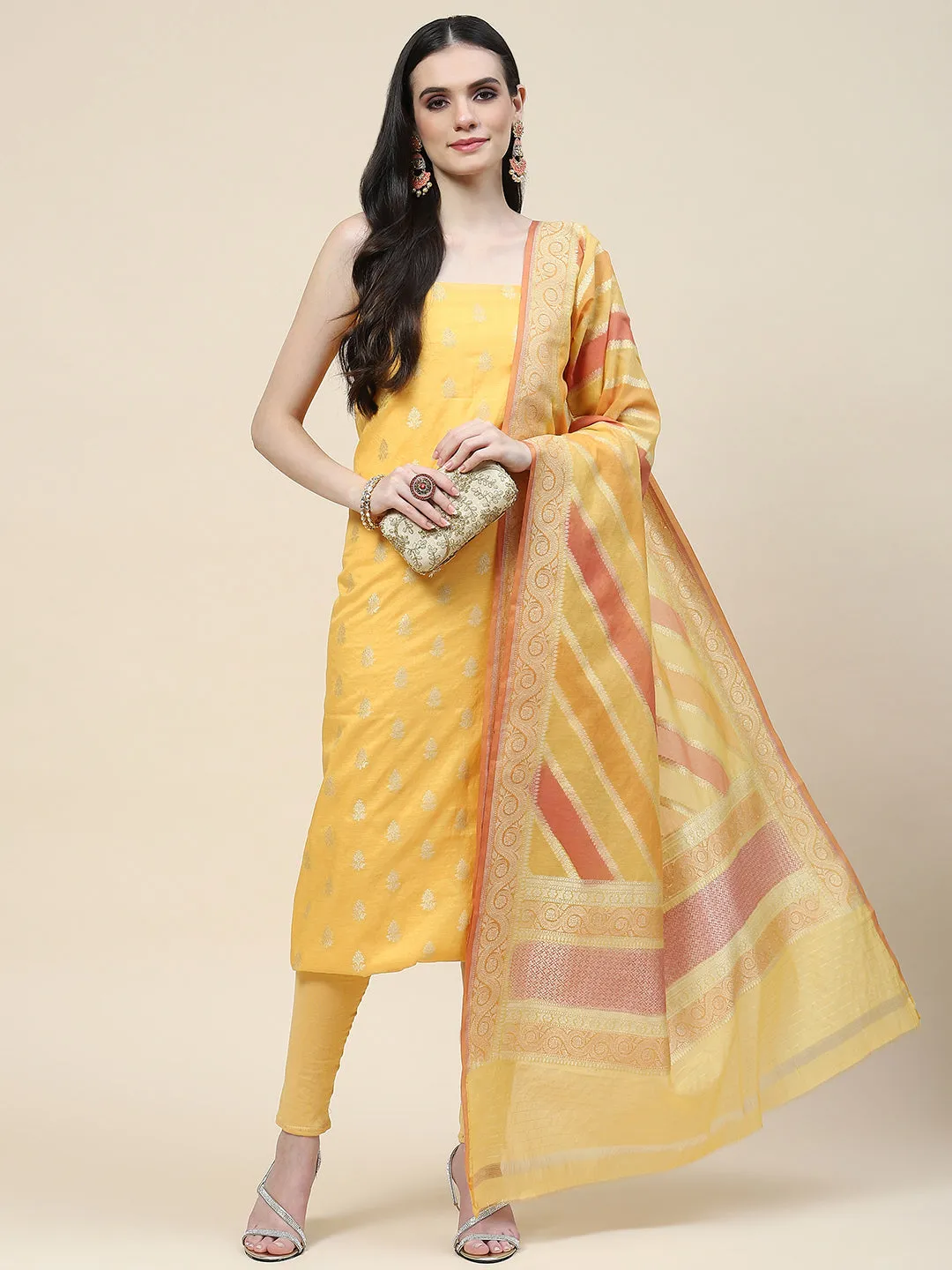 Booti Woven Chanderi Unstitched Suit Piece With Dupatta