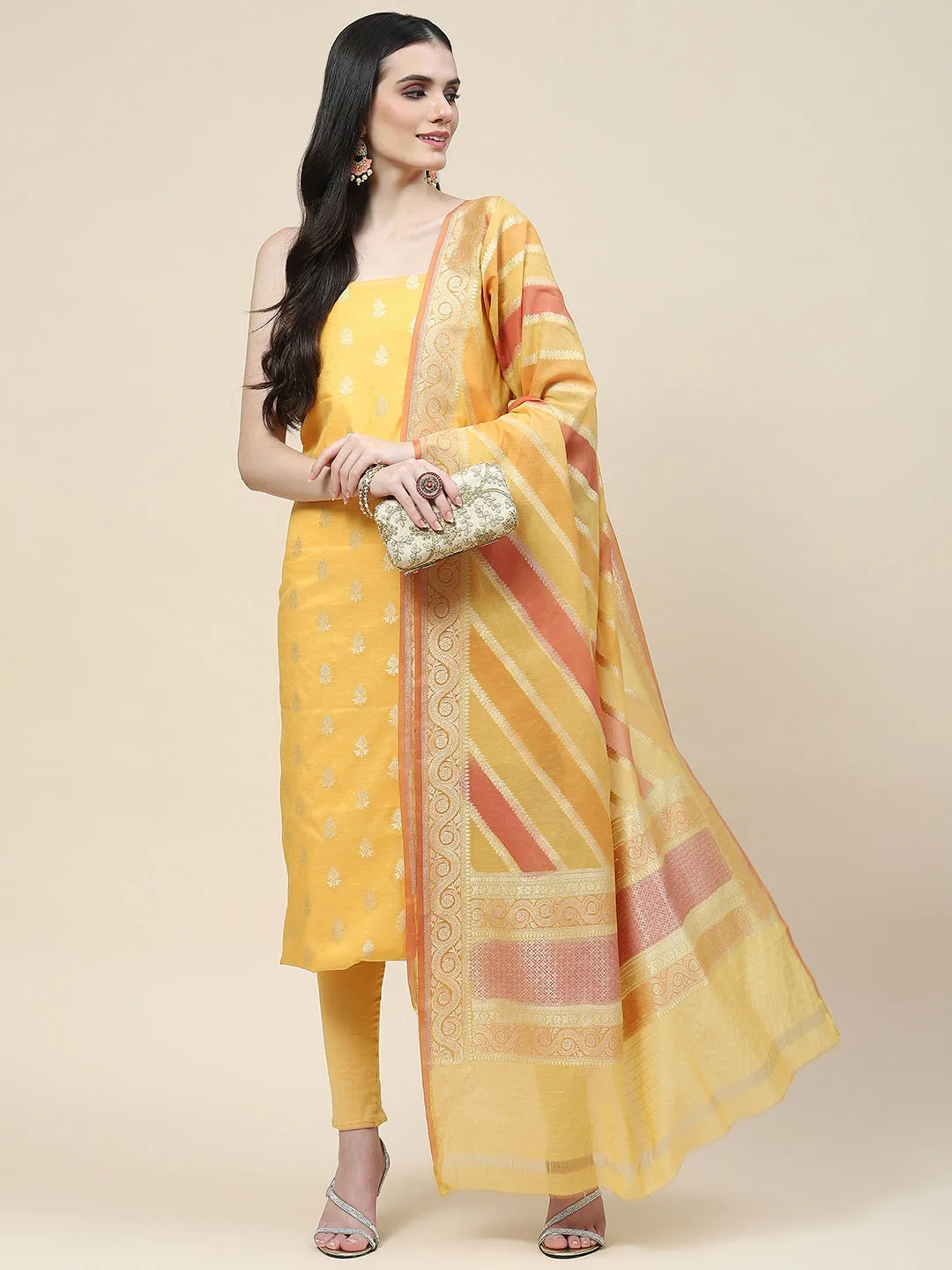 Booti Woven Chanderi Unstitched Suit Piece With Dupatta