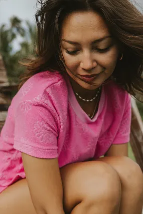 Boxy Cropped Tee - Pink Daisy Terrycloth