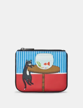 Cat And Fish Zip Top Leather Purse