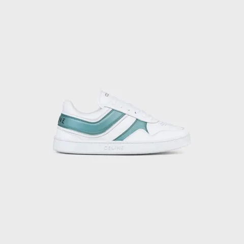 Celine Trainer Low Lace-up Sneaker in Calfskin & Laminated Calfskin Optic White / Light Blue