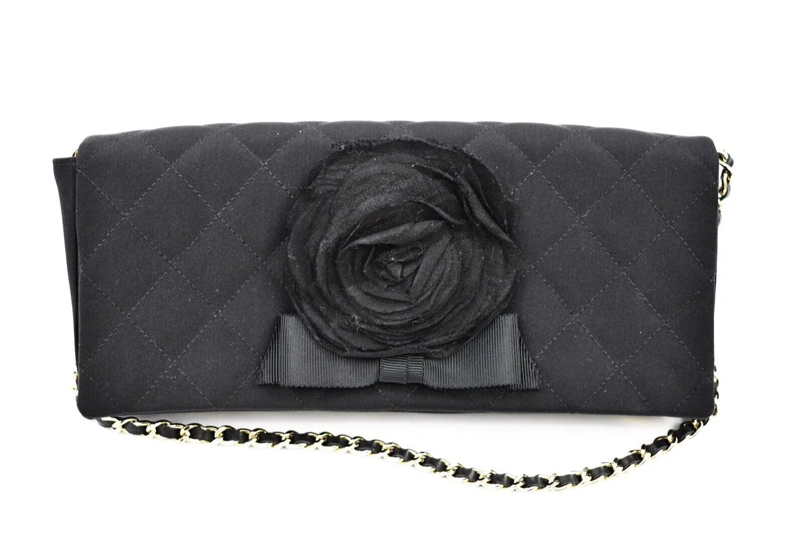 Chanel - Camellia Black Satin Pochette Bag - Gold Chain Strap Quilted