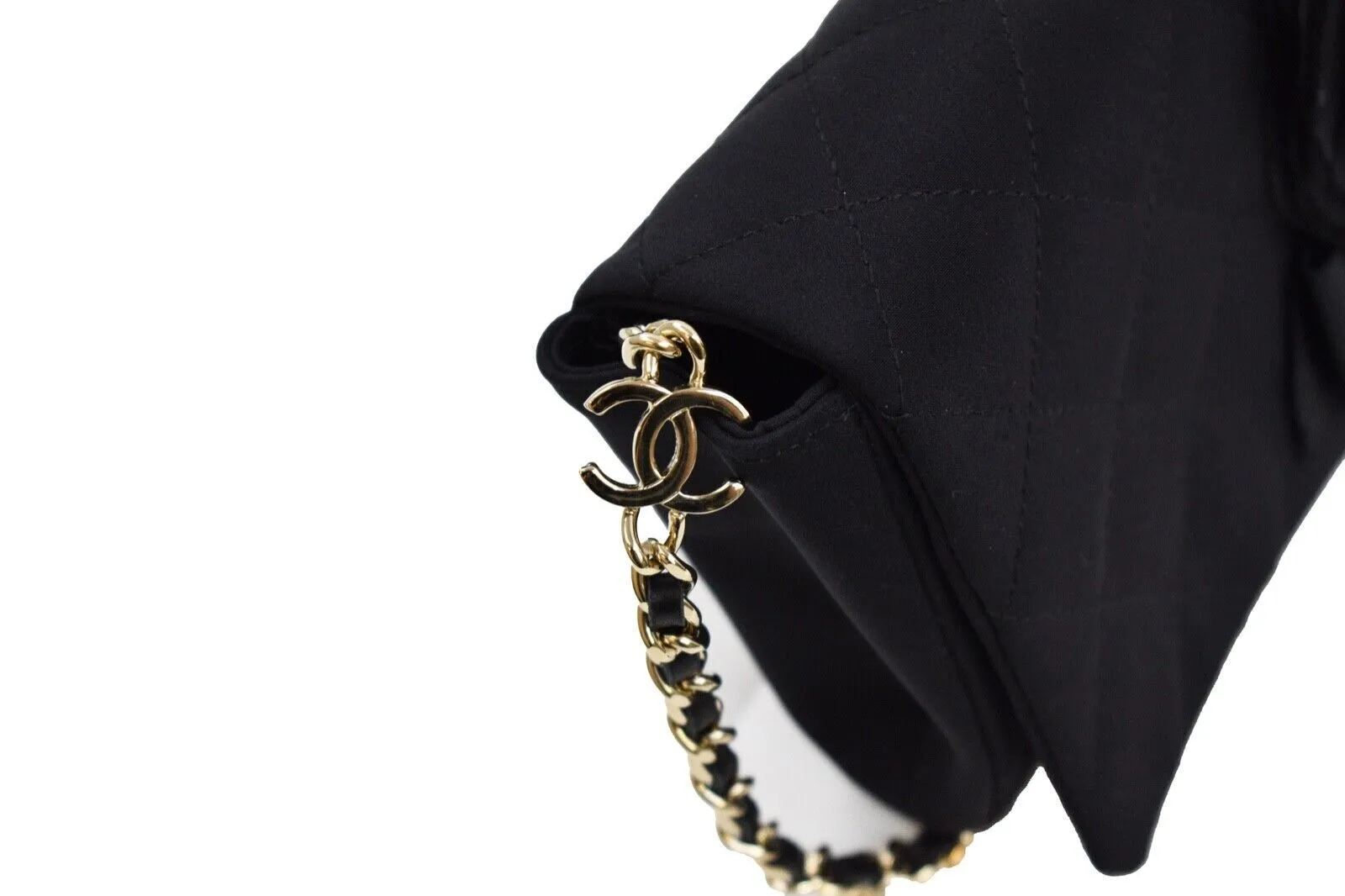 Chanel - Camellia Black Satin Pochette Bag - Gold Chain Strap Quilted