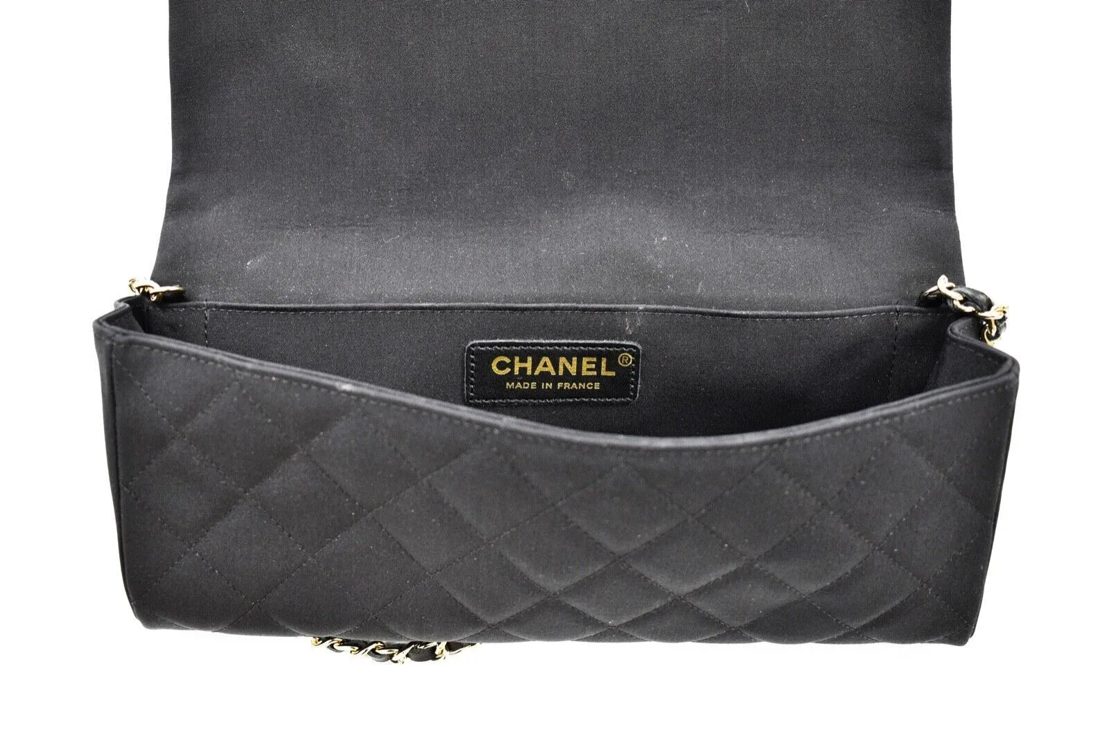 Chanel - Camellia Black Satin Pochette Bag - Gold Chain Strap Quilted