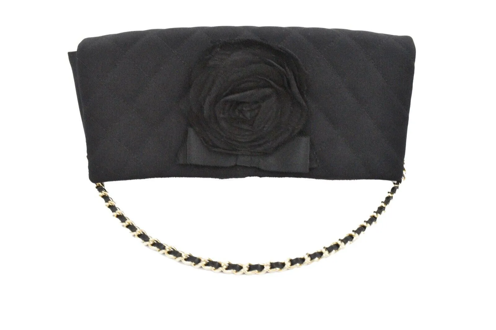 Chanel - Camellia Black Satin Pochette Bag - Gold Chain Strap Quilted